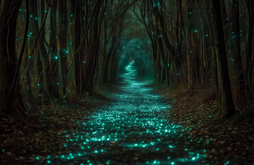 Bioluminescent forest alive with glowing insects and shimmering fungi, lighting up the night with an otherworldly glow