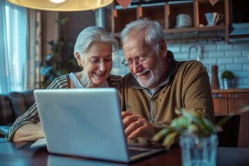 Fototapeta premium Happy mature couple using laptop at home Happy mature couple using laptop at home