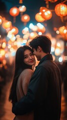A couple embraces during a vibrant fireworks display in a lively city at night