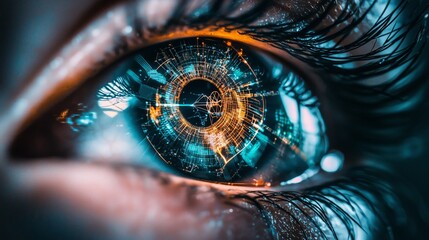 Futuristic Eye with Digital Interface and Technology Theme. Ideal for concepts like AI, cyber security, and digital vision.
