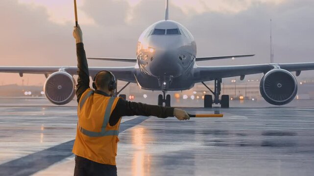 Ground Crew Member Directing Commercial Aircraft At Dawn Airport Marshalling Safety Travel