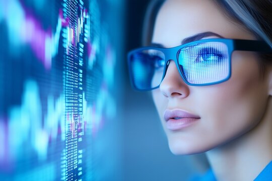 Young Woman Analyzing Data Reflected in Glasses, Digital Technology and Finance Concept