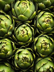Fototapeta premium Close up of several green artichokes. The artichokes are all the same size and shape, and they are arranged in a way that makes them look like a group of people standing together