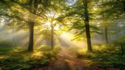 Obraz premium Serene Forest Path with Sunlight Through Trees