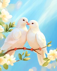 A pair of doves perched on a branch, one holding an olive branch, against a blue sky with soft clouds