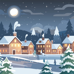 Fototapeta premium Illustration of a rural scene during winter at night