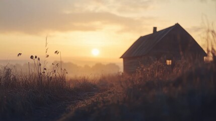 Serene Sunset Over Rustic Cabin in the Countryside