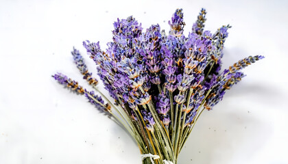 Fototapeta premium A vivid display of freshly picked lavender flowers neatly bundled and tied with rustic twine, evoking a sense of tranquility and natural beauty