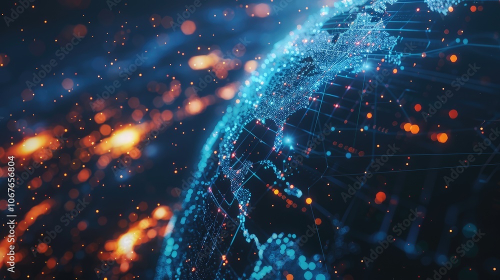 Poster globe with a blue and orange background. the globe is surrounded by a network of lines and dots