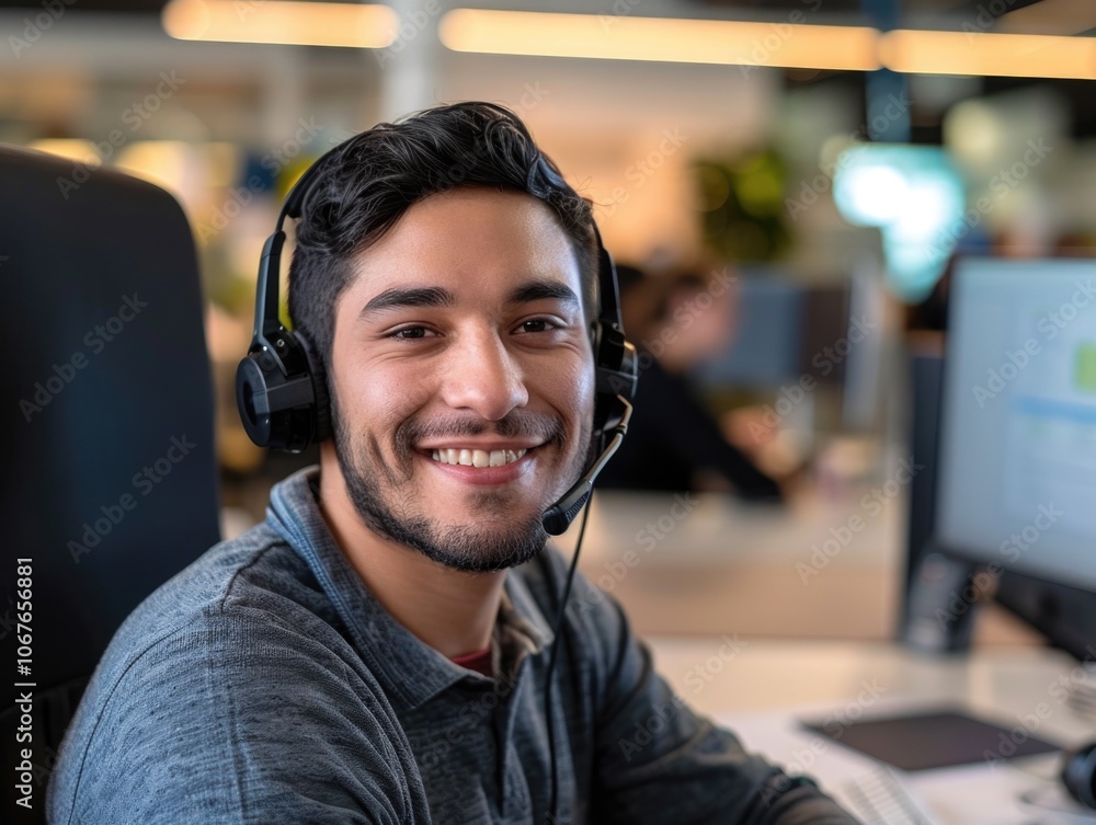 Poster man wearing a headset is smiling and sitting in front of a computer. he looks happy and content