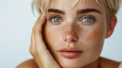 Close-up portrait of a young woman with short blonde hair, vibrant blue eyes, and freckles, resting her hand on her face, exuding natural beauty and calm confidence