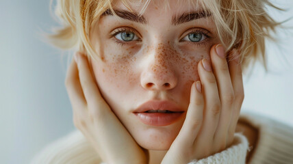 Soft close-up of a young woman with short blonde hair, blue eyes, and freckles, resting her hands on her cheeks, radiating natural charm and tranquility