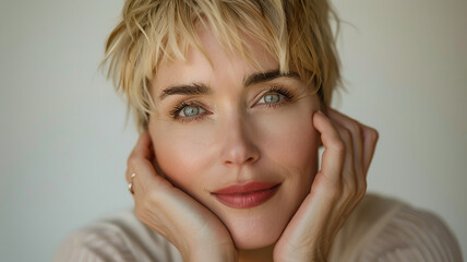 Soft, close-up portrait of a woman with short blonde hair and expressive green eyes, resting her hands on her cheeks, exuding warmth, confidence, and elegance