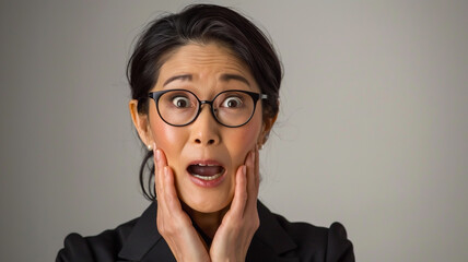 Shocked woman in black suit and glasses with hands on face, wide eyes, and open mouth, expressing surprise and disbelief in a dramatic close-up portrait