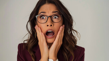 Young woman with shocked expression, hands on face, wide eyes and open mouth, showing surprise. Perfect for illustrating surprise or astonishment in visual content