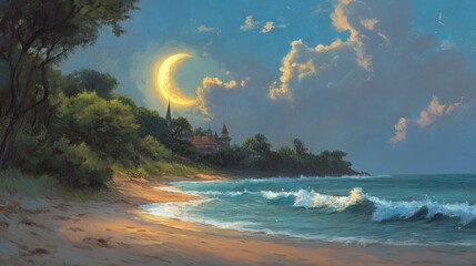 Serene Beach with Moonlit Sky and Gentle Waves