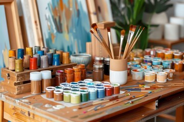 Vibrant art studio with brushes and paints on wooden table