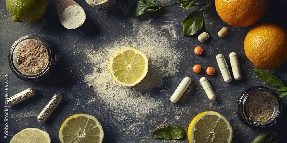 Poster table with a variety of fruits and supplements. the table is covered with a mix of oranges, lemons, 