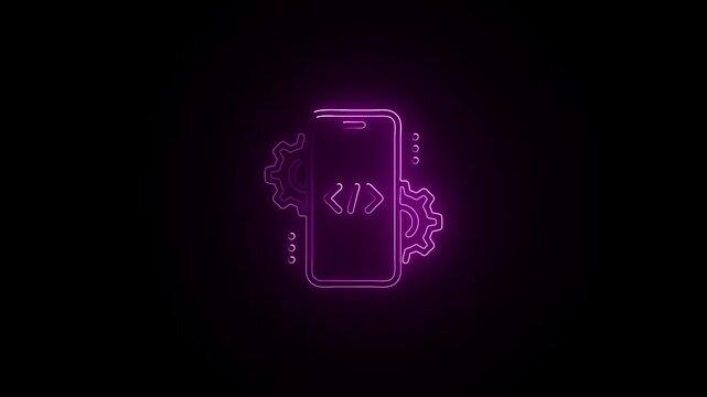 Glowing neon Mobile Development icon isolated on black background. HD Video motion graphic animation