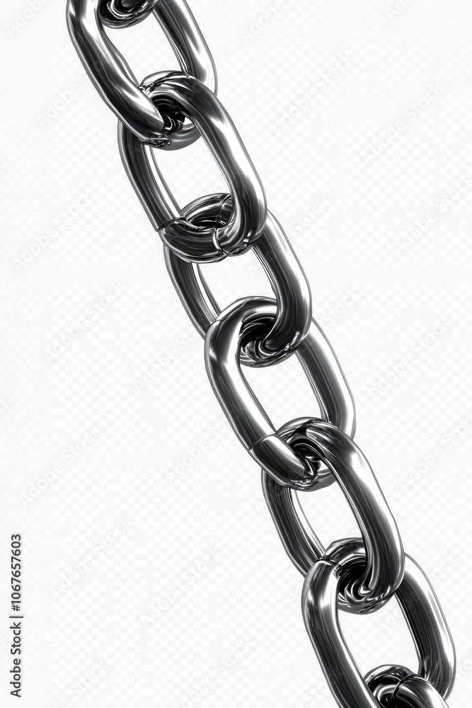 Poster chain of metal links is shown in a white background. the chain is silver and he is a part of a large