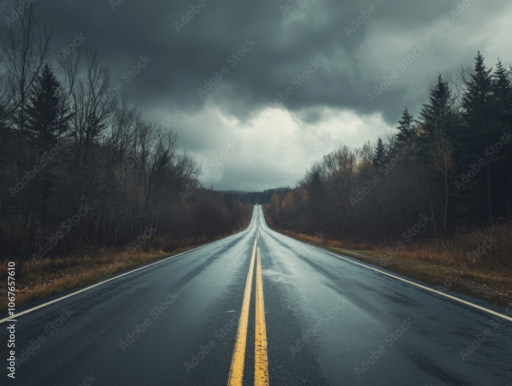 Poster long, empty road with trees in the background and rain falling on the road. scene is serene and tran