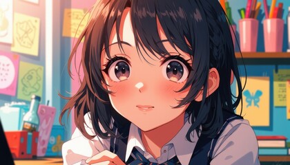 Anime girl in classroom with colorful wall postings and art supplies