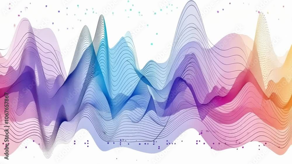 Poster abstract colorful wave pattern forming a mountainous landscape with dynamic lines and glowing partic