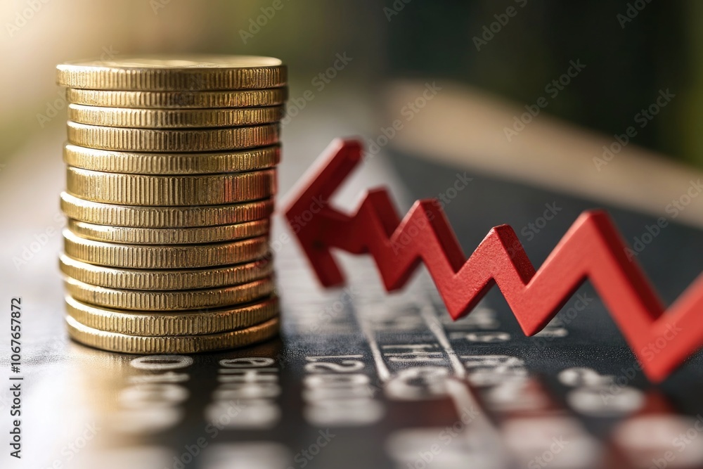 Poster stack of coins and a red arrow pointing down. the coins are stacked on top of each other and the arr