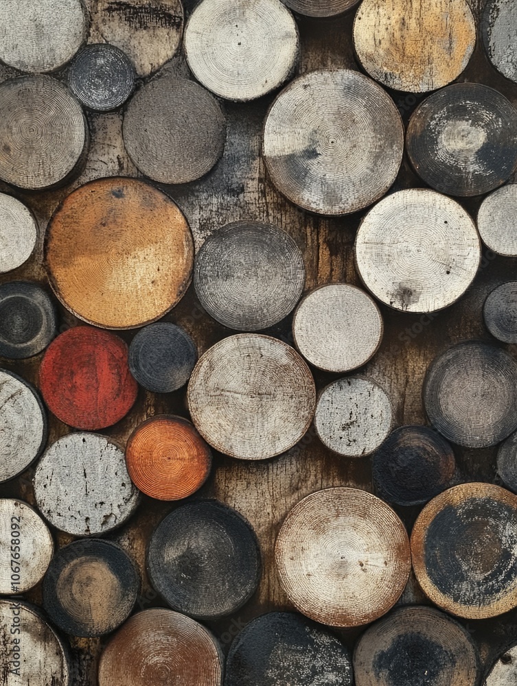 Aufkleber wall made of wood logs, with a variety of different sizes and shapes. the wood logs are arranged in 