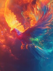 Obraz premium Colorful bird with red, blue, and green feathers flying through a fiery sky. Concept of freedom and beauty, as well as the power and majesty of the bird