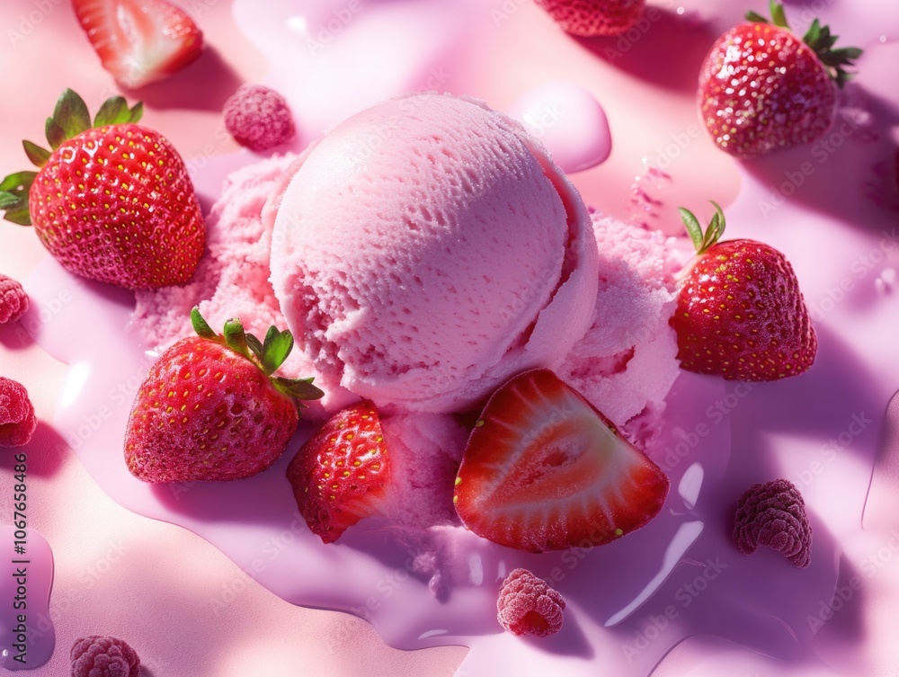 Aufkleber pink ice cream cone with strawberries and raspberries on top. the strawberries and raspberries are s