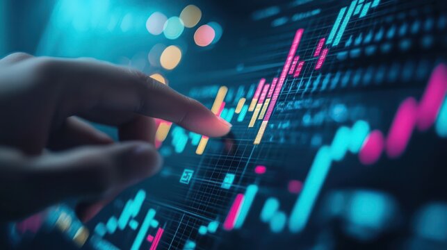 Investing and analysis concept, with a a finger pointing at forex market indicators on a virtual screen, showcasing dynamic financial trends and market changes