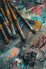 Obraz premium Group of paintbrushes are laid out on a canvas with paint splatters. Scene is chaotic and creative, as the brushes are scattered and the paint is everywhere