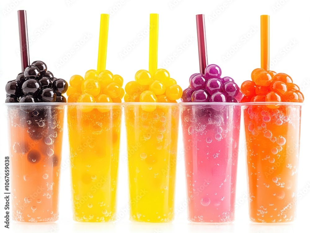 Poster row of cups with different colored straws and fruit in them. the cups are filled with a bubbly drink