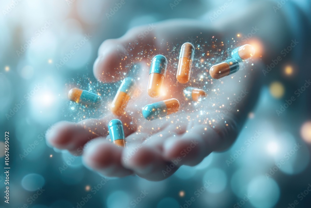 Poster hand holding colorful capsules in a mystical display of floating particles and light effects
