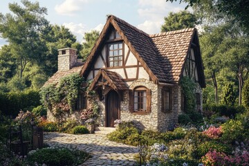 Obraz premium Small house with a stone roof and a stone walkway. The house is surrounded by a garden with flowers and bushes