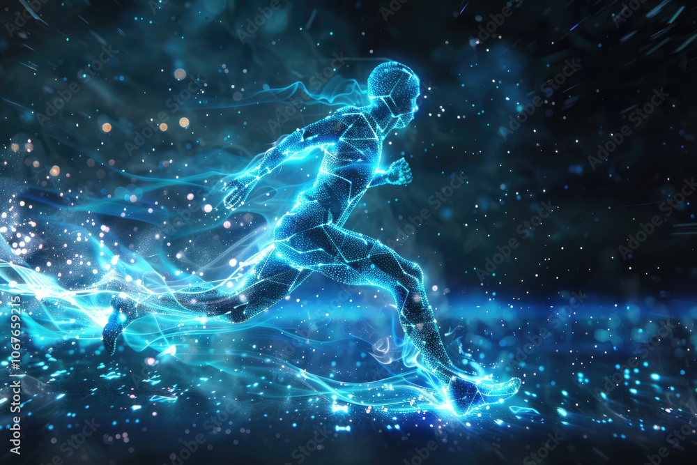Poster man is running in a blue and white background with a lot of sparkles. concept of energy and movement