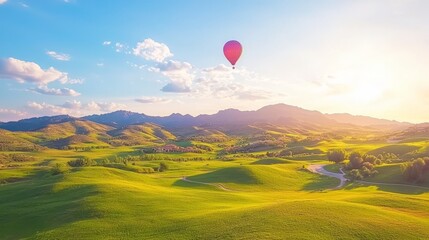 A serene landscape with rolling hills and a hot air balloon at sunset.