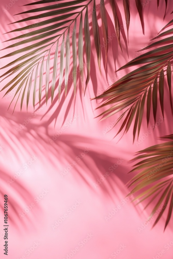 Poster pink background with a palm tree in the foreground. the palm tree casts a shadow on the pink backgro