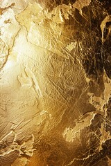 Gold wall with a textured surface. The wall is covered in gold paint and has a rough, uneven texture. The gold color gives the wall a luxurious and opulent appearance