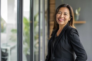 Confident Latin businesswoman in office  smiling corporate leader portrait.