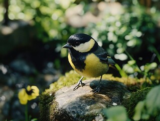 Obraz premium Small bird is perched on a rock in a lush green area. The bird is yellow and black, and it is enjoying the sunny day. The scene is peaceful and serene