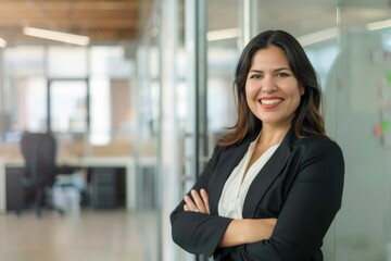 Obraz premium Confident Latin businesswoman in office smiling corporate leader portrait.