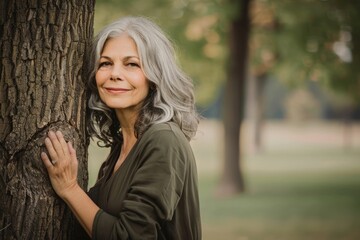 Naklejka premium Serene older woman with gray hair poses in park portrait.