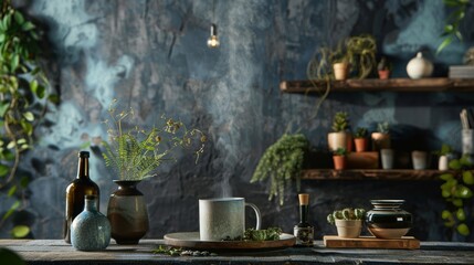Fototapeta premium Rustic tea arrangement with potted plants in moody setting