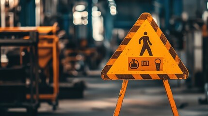 A caution sign warns of pedestrian activity in a construction area, surrounded by industrial equipment and a busy work environment.
