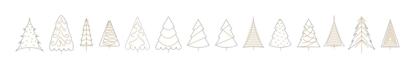 Hand drawn set of Christmas line art trees. New Year illustration. Abstract doodle drawing woods. Merry Christmas vector