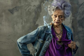 Empowered senior woman in stylish attire defies age stereotypes.