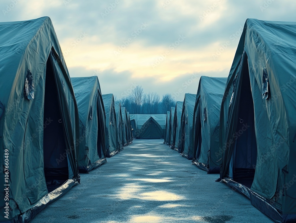 Poster row of tents are lined up in a row. the tents are all green and are set up in a field