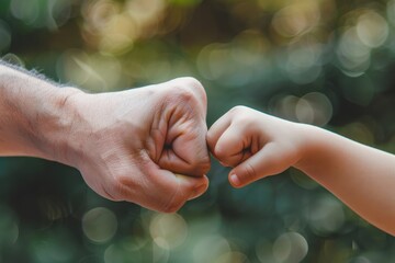 A childs fist placed over an olders one showing gestures of agreement and encouragement.